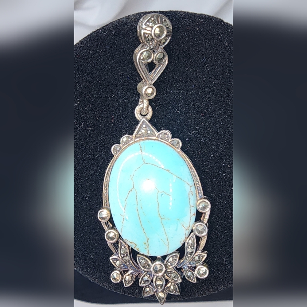 Vintage Silver Pendant featuring oval faux turquoise stone & marcesite accents